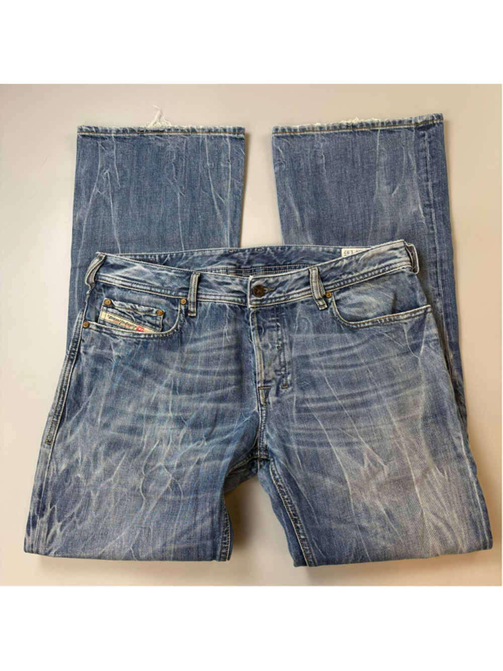 Diesel Zathan Jeans Blue 34 x 32 Bootcut Stonewash Acidwash Italy Made FLAW